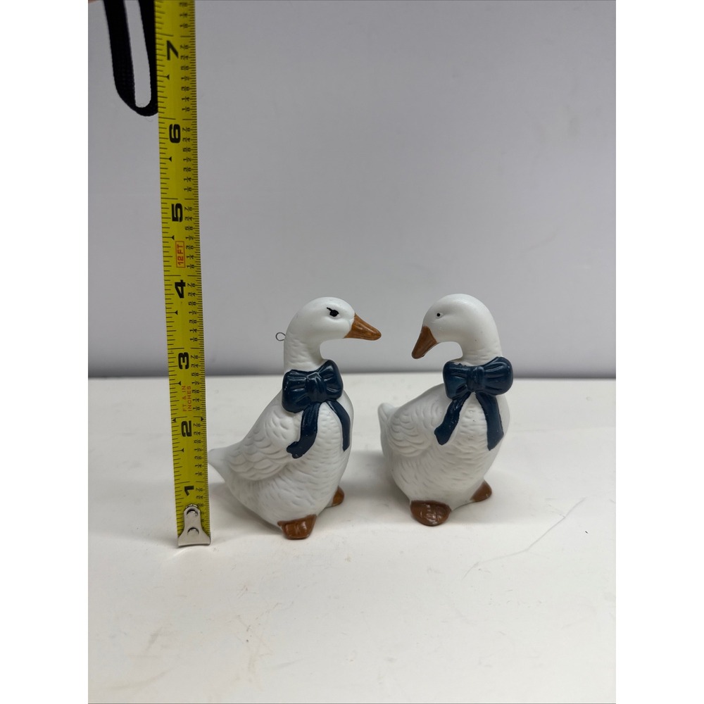 Vintage Ceramic Duck Geese Figurines Pair White Blue Bow Farmhouse Decor 4 Inch